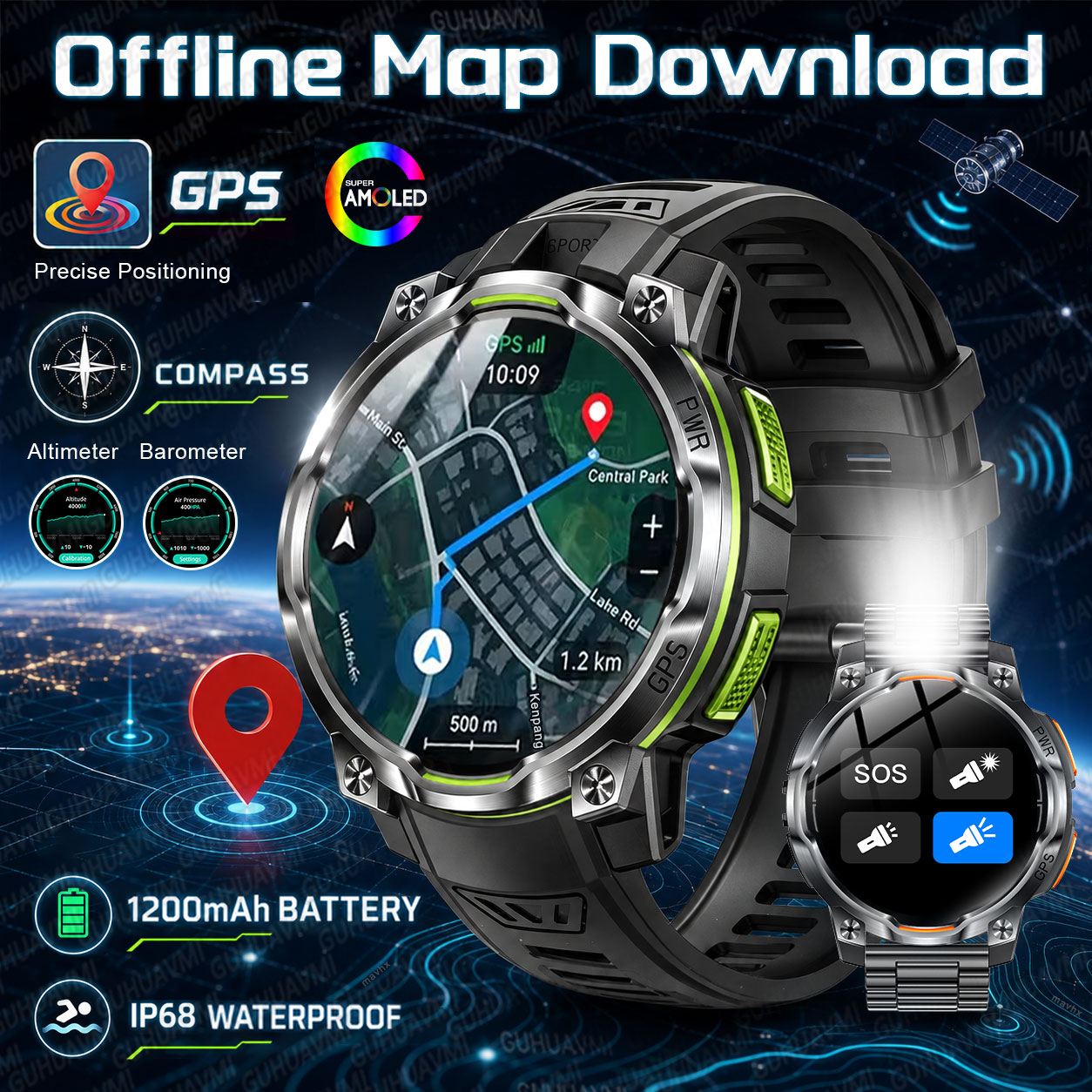 Compass Lensatic - 2026년형 신형 군용 GPS 스마트워치, 1200mAh